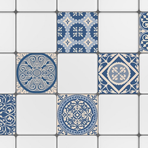 Sticker adhésif ciment bleu style mosaïque pour décoration carrelage blanc cuisine