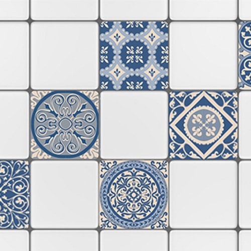 Autocollant déco ciment bleu motif pour carrelage blanc de cuisine