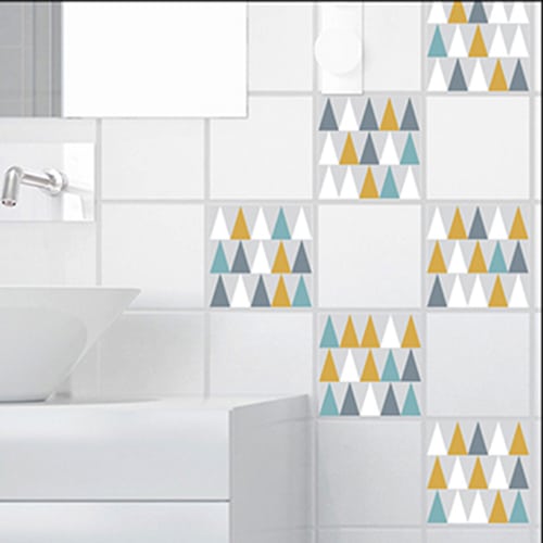 Sticker autocollant décoration carrelage blanc scandinave lichen triangles blanc, bleu, jaune et gris pour salle de bain