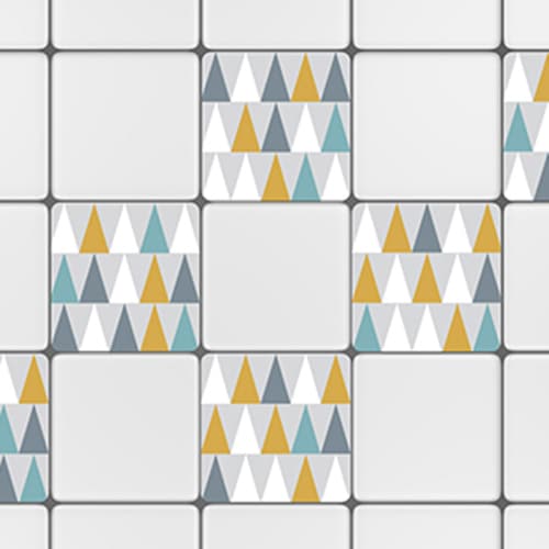 Sticker adhésif déco carrelage blanc scandinave lichen triangles jaune, blanc, bleu et gris pour cuisine