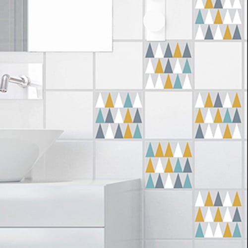 Adhésif déco carrelage blanc scandinave lichen triangles de couleurs pour salle de bain