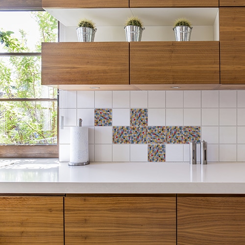 Autocollant Mosaique décoration de carrelage d'intérieur blanc pour cuisine en bois