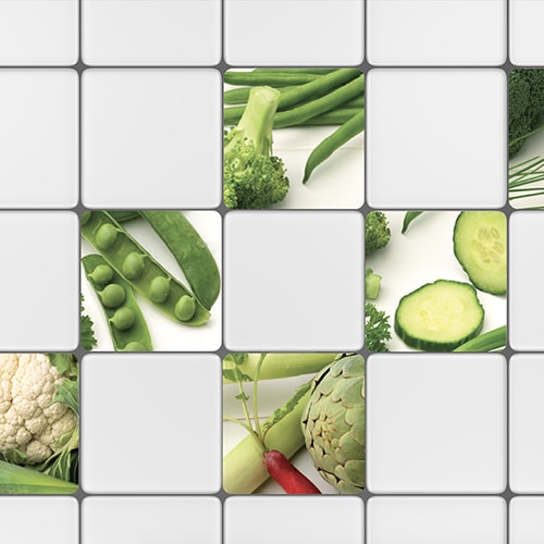 Adhésif déco carrelage blanc légumes verts pour intérieur cuisine