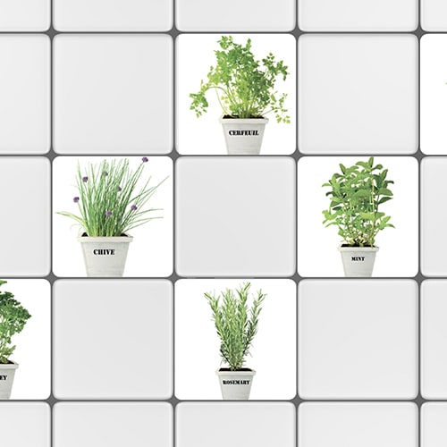 Sticker autocollant pour petits carreaux blanc de cuisine herbes aromatiques en pot