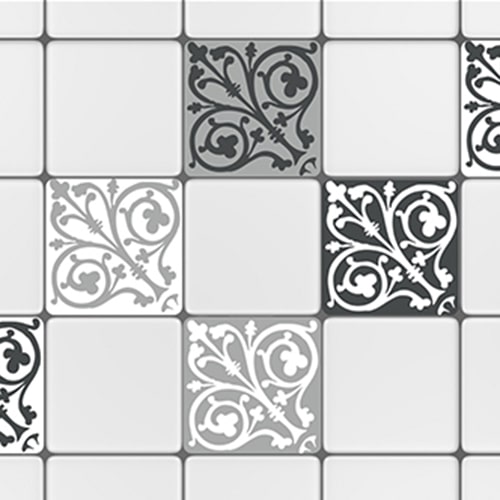 Stickers autocollant ciment baroque gris et blanc pour déco carrelage blanc de cuisine