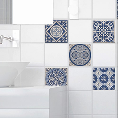 Autocollant tomar beige et bleu pour décoration de carrelage pour salle de bain