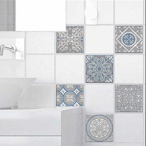 Adhésif décoration carrelage Elvas gris et bleu pour salle de bain moderne