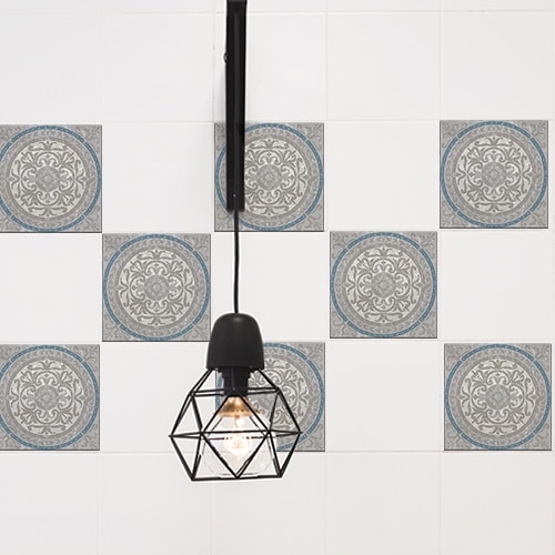 Adhésif Elvas bleu et gris pour carrelage blanc déco d'intérieur de salle de bain