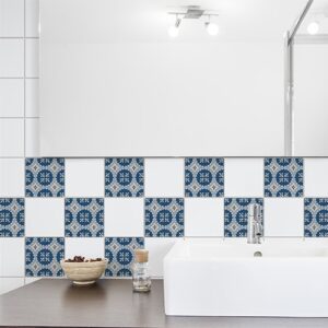 Autocollant bleu et blanc Acores décoration pour carrelage blanc de salle de bain moderne