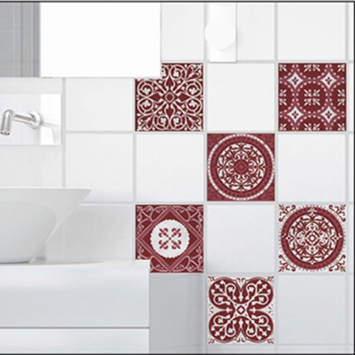 Stickers adhésif Olhao rouge et gris déco pour carrelage blanc de salle de bain moderne