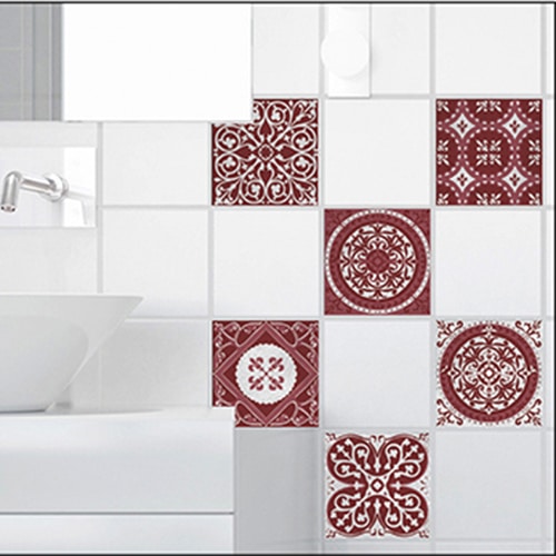 Stickers autocollant décoration Olhao rouge et gris pour carrelage blanc de salle de bain