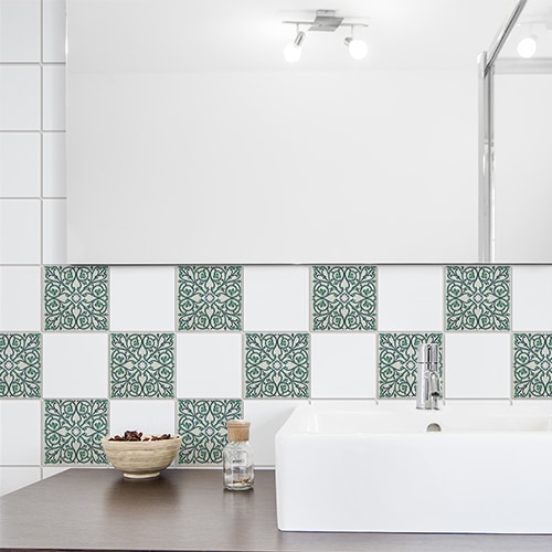 Autocollant décoration ciment vert et orange pour carrelage de salle de bain avec baignoire