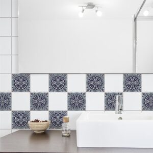 Autocollant Monza décoration bleu pour carrelage blanc de salle de bain moderne