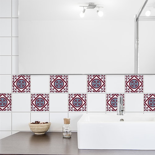 Sticker adhésif ciment rouge et bleu pour carrelage d'évier de salle de bain