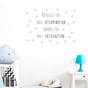 Autocollant texte citation bleu "réveille toi avec détermination" pour décoration chambre d'enfant