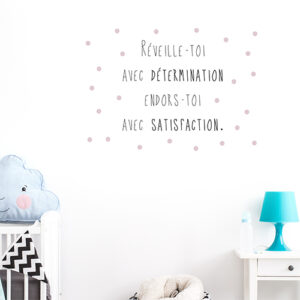 Autocollant citation décortive "réveille toi avec détermination" rose pâle pour chambre d'enfant