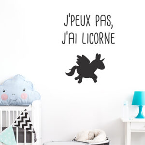 Autocollant citation "je peux pas j'ai licorne" noir pour déco chambre d'enfant