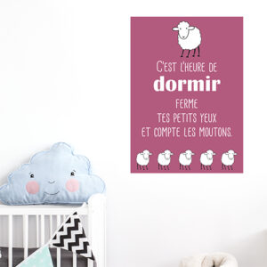 Adhésif déocration chambre d'enfant citation "c'est l'heure de dormir" rose foncé