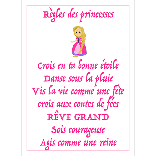 Sticker adhésif règles des princesses déco murale pour enfant rose foncé