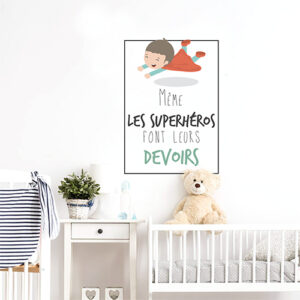 Autocollant déco superhéros chambre d'enfant citation "même les superhéros font leurs devoirs"