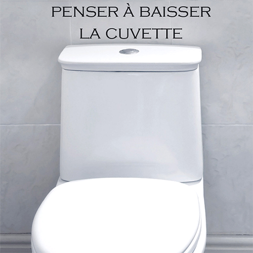 WC moderne avec un sticker penser à baisser la cuvette