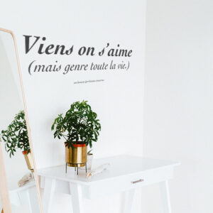 Sticker Vient on s'aime posé sur un mur avec un miroir et une plante