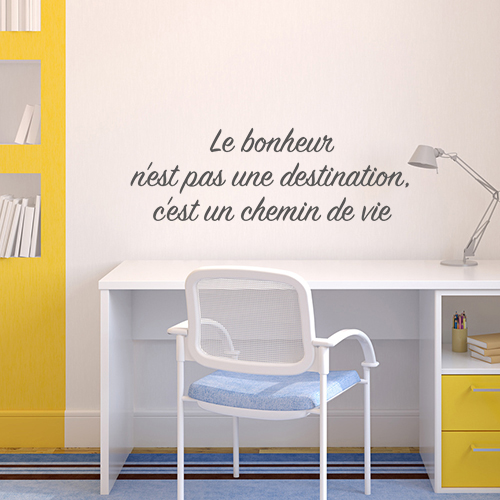 Pièce à vivre moderne décorée avec une citation adhésive Demain je me lève de bonheur