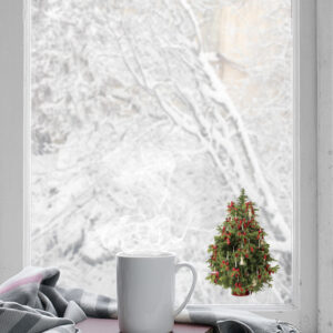 Décor de fenêtres pour Noël avec des sapins électrostatiques pour vitres et fenêtres.