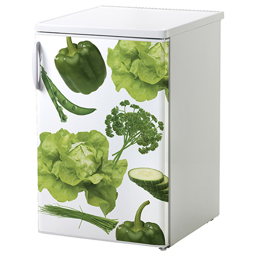 Sticker autocollant Legumes Potager posé sur un petit frigo blanc