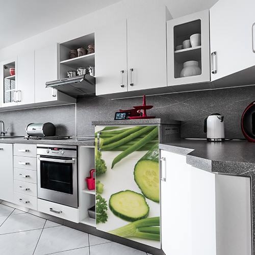 Adhésif décoration cuisine blanche moderne légumes verts pour frigo avec concombre, persil, haricots