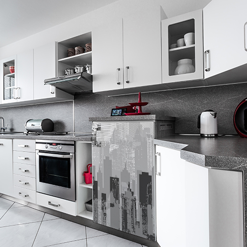 Adhésif décoration new-york gris petit frigo cuisine moderne blanche et grise