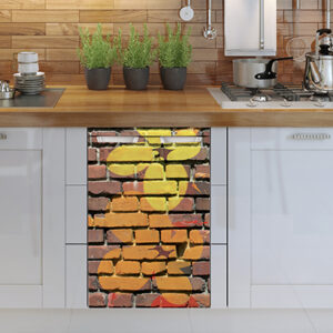 Sticker autocollant pour petit frigo mur briques déco fleurs jaune et orange