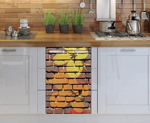 Sticker autocollant pour petit frigo mur briques déco fleurs jaune et orange