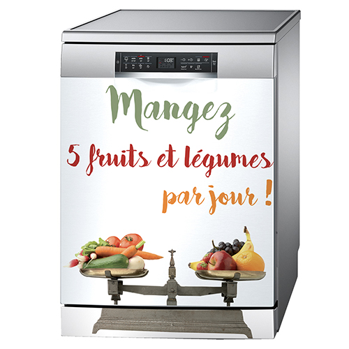 Sticker citation 5 fruits et légumes collé sur un lave vaisselle couleur métal