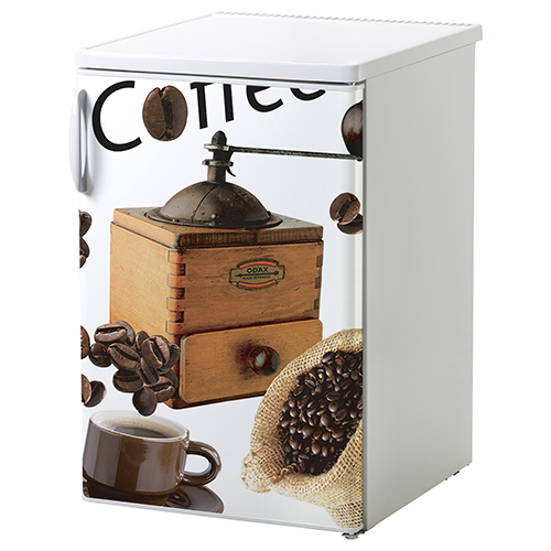 Petit frigo blanc décoré avec un autocollant grains de café