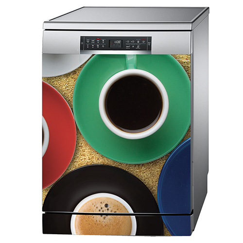 Lave vaisselle standard couleur aluminium avec un sticker autocollant modèle tasse de café