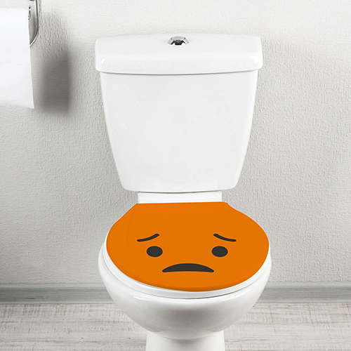 Sticker de la gamme Smiley : Smiley déçu orange collé sur des toilettes