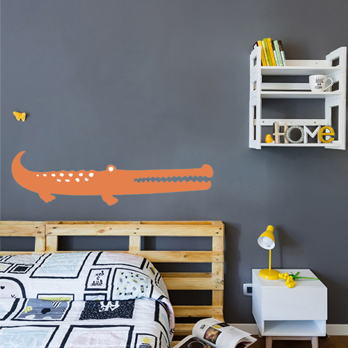 Autocollant sticker décoratif crocodile orange pour déco mur gris foncé chambre d'ado