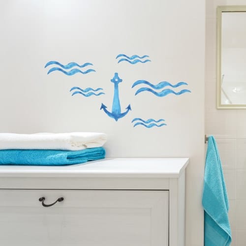 Ancre marine bleu avec vagues à l'aquarelle - sticker mer - déco marine