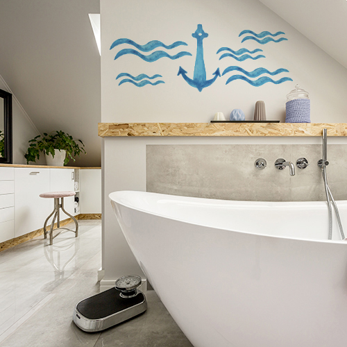 Sticker ancre bleue sur mur de salle de bain moderne et lumineuse