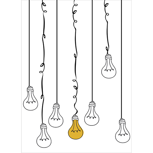 Set de 7 suspensions déco adhésives en trompe-l'oeil qui représente des lampes suspendues avec ampoules au bout d'un fil.