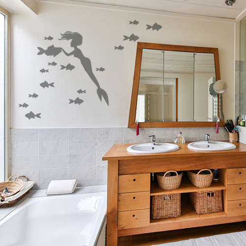 Sticker autocollant pour salle de bain gris sirène et poissons