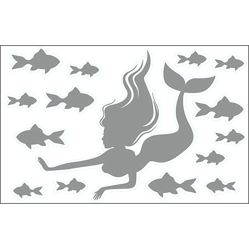 Sticker autocollant d'enfants sirène et poissons gris pour déco