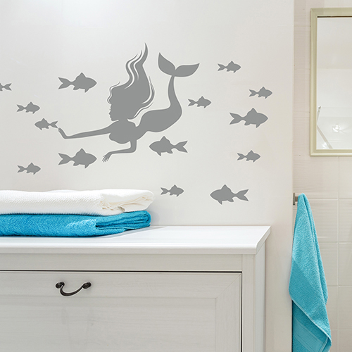 Autocollant décoration sirène et poissons gris pour salle de bain