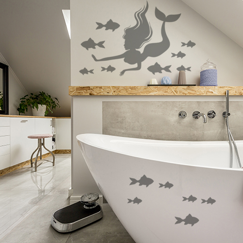 Sticker adhésif gris pour déco de salle de bain sirène et poissons