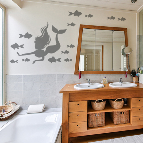 Adhésif décoratif sirène et poissons gris pour décoration de salle de bain