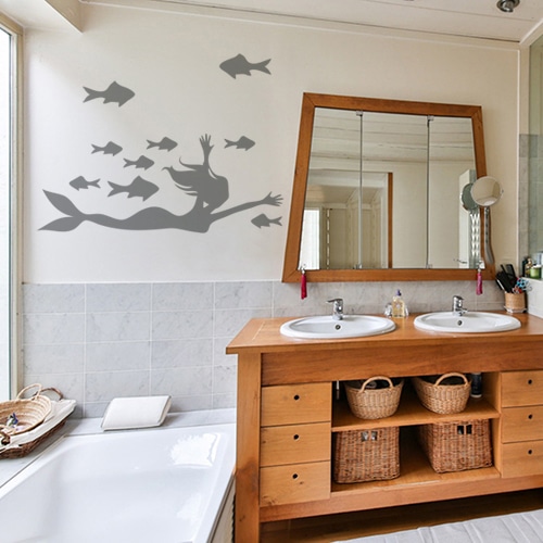 Décoration pour salle de bain sirène et poissons gris