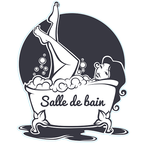 Sticker autocollant pour salle de bain gris foncé et blanc d'une femme dans une baignoire