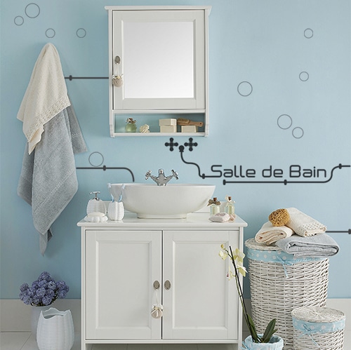 Salle de bain classique avec déco adhésive industrielle conposées de lettres adhésives et tuyaux industriels.