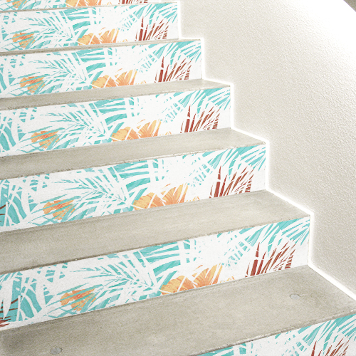 Escaliers en béton ornés de stickers autocollants représentant des fougères blanches sur fond coloré
